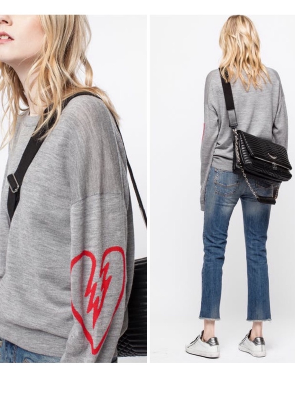 Zadig & Voltaire 100% Merino Wool Broken Heart Sweater Grey Red Medium - Picture 2 of 8